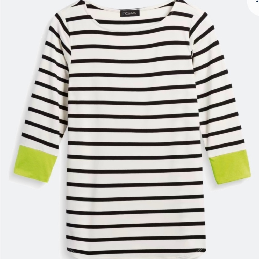 Colette | Black & White Stripe 3/4 Sleeve Tee w/ Green Cuff | Size M